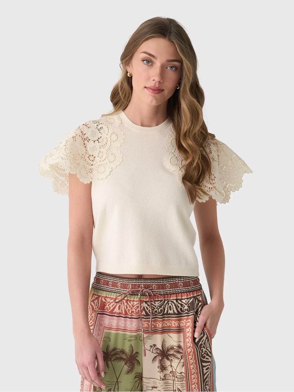 Sea Cream Lace Flutter Sleeve Knit Top